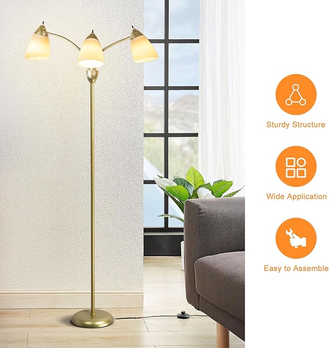 DINGLILIGHTING Floor Lamp Gold for Room: 3-Light Adjustable Flexible Gooseneck Tree Standing Lamp for Bedroom Study Room Office - Modern Multi Head Reading Floor Lights