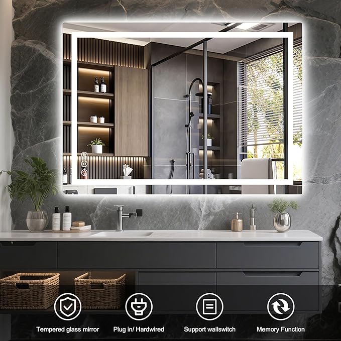 48x36 LED Bathroom Mirror with Lights, Anti Fog Vanity Mirror Wall Mounted, Dimmable Front Light and Backlight, Memory Function Tempered Glass, Shatter Proof ETL Listed