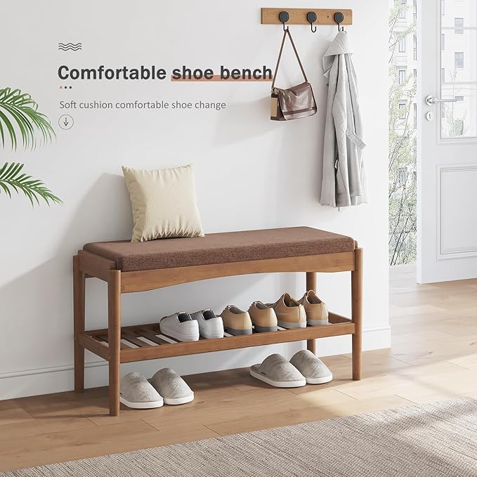 Shoe Bench Entryway Bamboo 2-Tier Shoe Rack with Cushion Padded Seat Shoe Bench Organizer Stable for Hallway, Living Room, Bedroom (31.5 * 11.4 * 16.5IN, Brown-Brown)