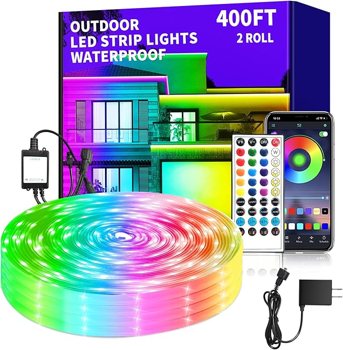 400ft Outdoor LED Strip Lights,IP68 Outside Led Light Strips Waterproof with APP/Remote Control,Music Sync RGB Outdoor Led Rope Lights for Bedroom Garden Staircase Parties（2 Rolls of 200ft）