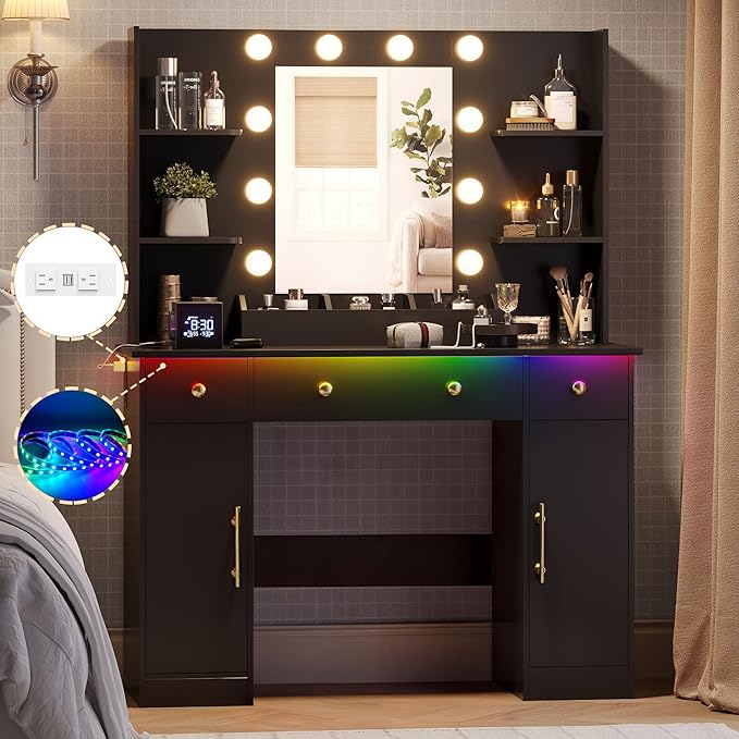 Makeup Vanity Desk with Mirror and Lights, 43" Black Vanity Set with 3 Drawers, Power Outlet & Adjustable RGB LED Lights, Dressing Table with Storage Shelf for Women & Girls Bedroom
