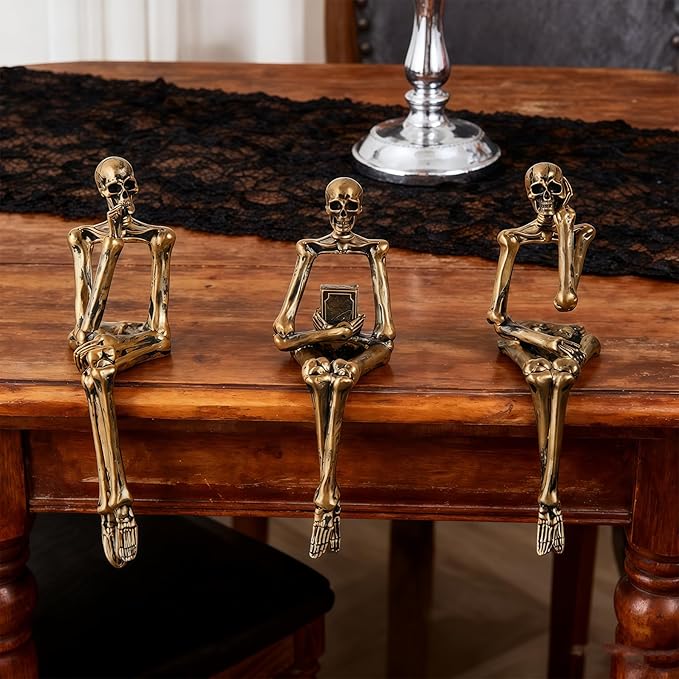 XINXUAN Halloween Decorations Skull Statue Home Decor - Modern Bookshelf & Desk Decor - 3 Piece Set (Retro - Gold)