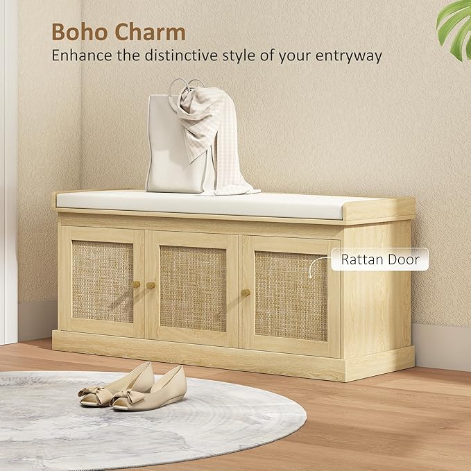 HOMCOM Shoe Bench with Woven Rattan Doors, Shoe Storage Bench with Cushion, Adjustable Shelves for 9 Pairs, Boho Style Entryway Bench for Bedroom, Living Room, 13.8 x 41.3 x 18.5 Inches, Oak Tone