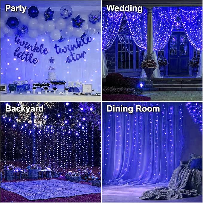 HXWEIYE 300LED Fairy Curtain Lights, 9.8x9.8Ft USB Plug-in 8 Modes Christmas String Hanging Lights with Remote for Bedroom Backdrop Wedding Indoor Wall Decor, Blue, Standard – 1 Pack