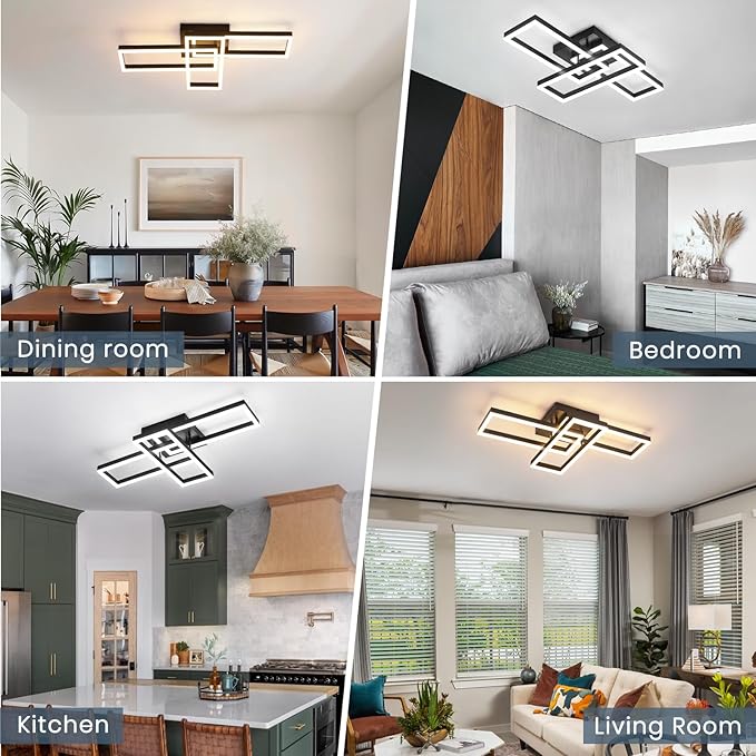 Modern Led Ceiling Light Fixtures, Black Flush Mount 3-Square Ceiling Light with Remote Control&APP, Dimmable, 40W Acrylic for Bedroom, Kitchen, Dining Room