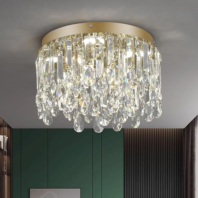 Deckrico 11.8" Gold Crystal Flush Mount Ceiling Light Fixture, Modern Close to Ceiling Chandelier with Tri-Color LED Lighting for Bedroom Hallway Dining Room