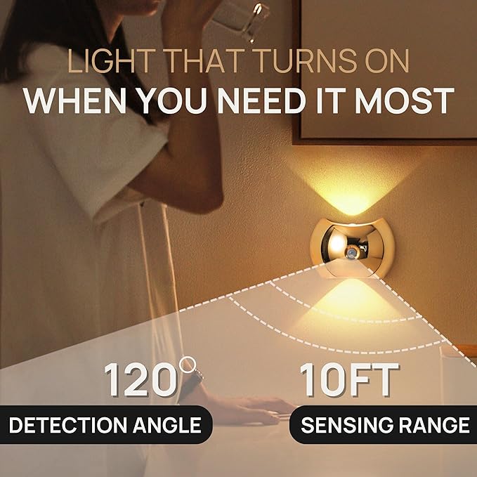 Battery Operated Wall Sconces Set of Two, Rechargeable Wireless LED Wall Lights — Motion Sensor, No Drill Magnetic Mount, 3 Modes, for Bedroom Hallway Stairs, Gold