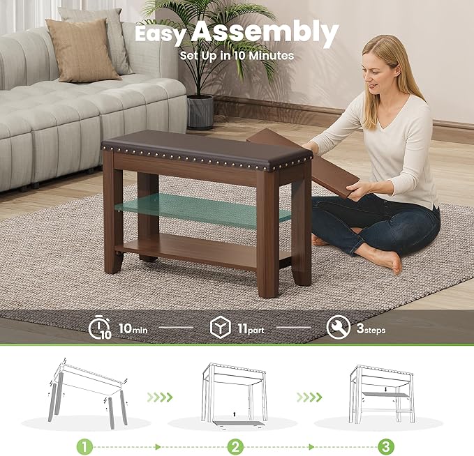 Shoe Bench for Entryway, Solid Rubberwood Shoe Bench with Hidden Storage, Adjustable 2-Tier Shelves & Soft PU Leather Seat, Shoe Rack Durable Easy Assembly for Hallway or Bedroom - Brown, 31.5"