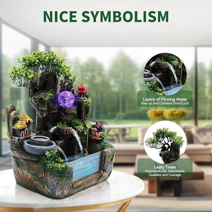 Indoor Water Fountains, Relaxation Desktop Water Fountain Ornament with LED Light, Zen Meditation Atomizing Humidifier Desk Decoration for Home Office Bedroom