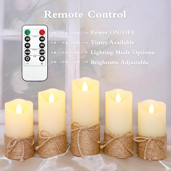Crystal Club Flameless Candles Flickering with Timer, Set of 5 Battery Pillar Candles with Hemp Rope, Realistic Wax Candle Lights for Summer Party Home Table Décor
