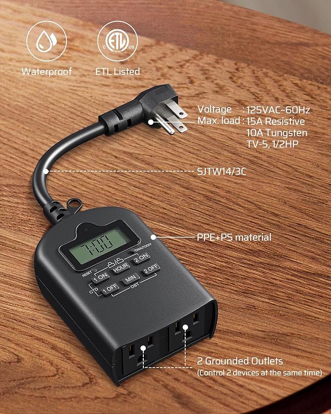 DEWENWILS Outdoor Timer Outlet Waterproof, Outdoor Digital Timer for Lights, Programmable with 2 Grounded Outlets, for Home and Garden, 15A, 1/2HP, Heavy Duty, ETL Listed