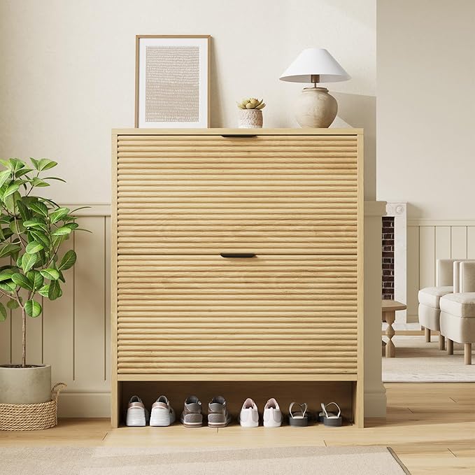 Garvee Shoe Storage Cabinet for Entryway, Fluted Shoe Cabinet with 2 Flip Drawers Doors, 32" Wide Hidden Shoe Rack Tall Freestanding Shoe Organizer for Entrance, Hallway, Living Room, Natural