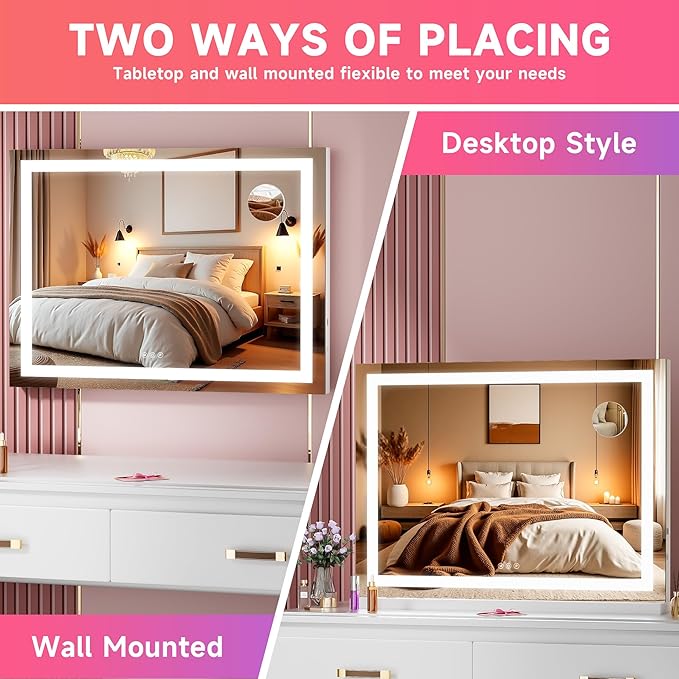 Vanity Mirror with Lights, 32" x 22" LED Makeup Mirror with 10X Magnification, Dimmable 3 Modes, Memory Function, Smart Touch, USB Charging Port, Lighted Makeup Mirror Square White