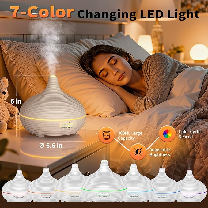 URPOWER 300ml Sleep Diffuser for Bedroom, All-Night Essential Oil Diffuser, Quiet Ultrasonic Cool Mist, Auto-Off & Timer, 7 LED Color Diffusers Humidifier for Home Office & Large Rooms