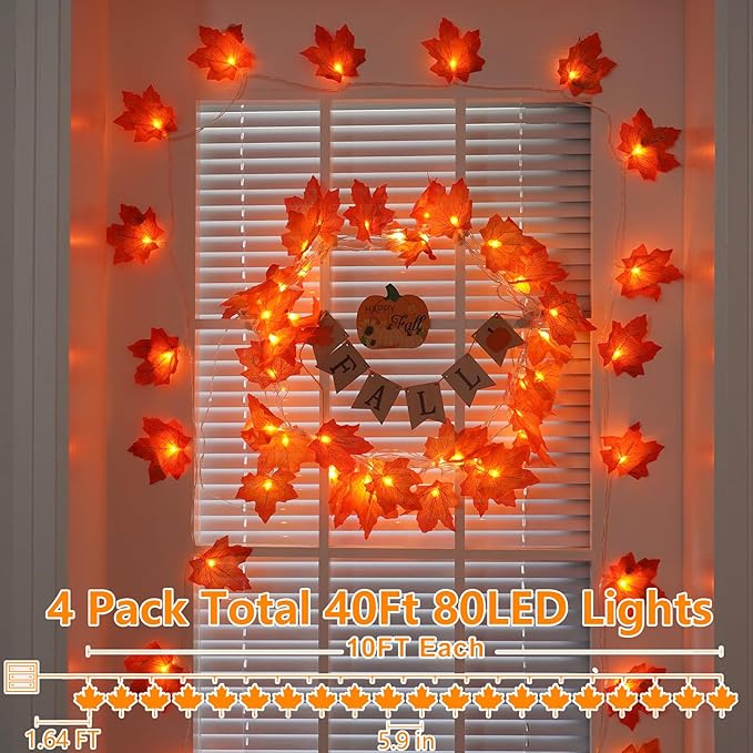 YEGUO 4 Packs Thanksgiving Decorations for Home, Fall Lights Battery Operated, Total 40ft 80 LED Lighted Fall Garland Maple Leaves for Thanksgiving Decor