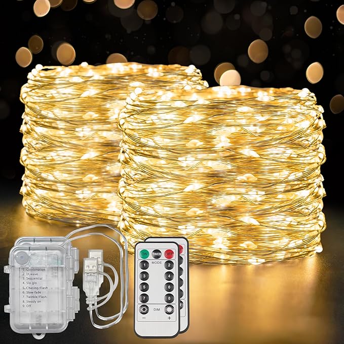 suddus Flexible Copper String Lights Waterproof Decorative Fairy Lights Warm White, 2Pack Total 132ft 400 LED Battery/USB Operated Twinkle Lights for Bedroom, Dorm Decor