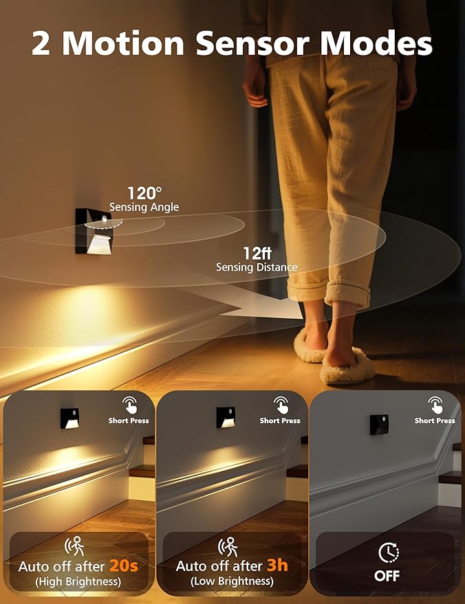 NIORSUN Motion Sensor Night Light, Rechargeable Stair Lights Indoor, 3 Colors and Motion Modes Battery Night Light with Light Sensor for Stairway, Hallway, Bathroom, Kitchen, Bedroom Black 4 Pack