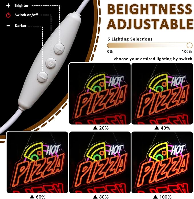 Pizza Neon Sign for Wall Decor, Hot Pizza Led Signs for Room, USB Dimmable Food Neon Lights for Pizzeria Kitchen Restaurant Bar Party Shops Hotel Store Business Pub