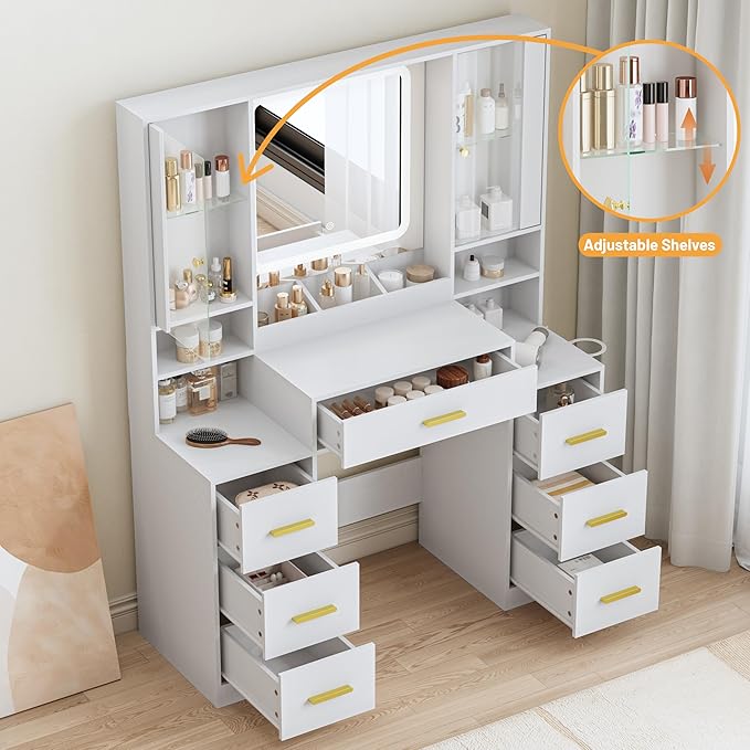 Vanity Desk with Mirror and Lights, Makeup Vanity with 7 Drawers, 2 Glass Door Cabinets, Charging Station, Adjustable Shelves, RGB Lighting, Hair Dryer Holder