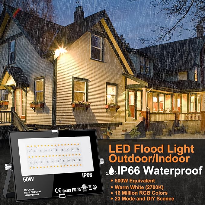LED Flood Lights RGB Color Changing 500W Equivalent, Outdoor RGBW Bluetooth Smart Floodlights APP Control, IP66 Waterproof, Timing, 2700K&16 Million Colors 23 Modes for Stage Landscape Lighting 2 Pack