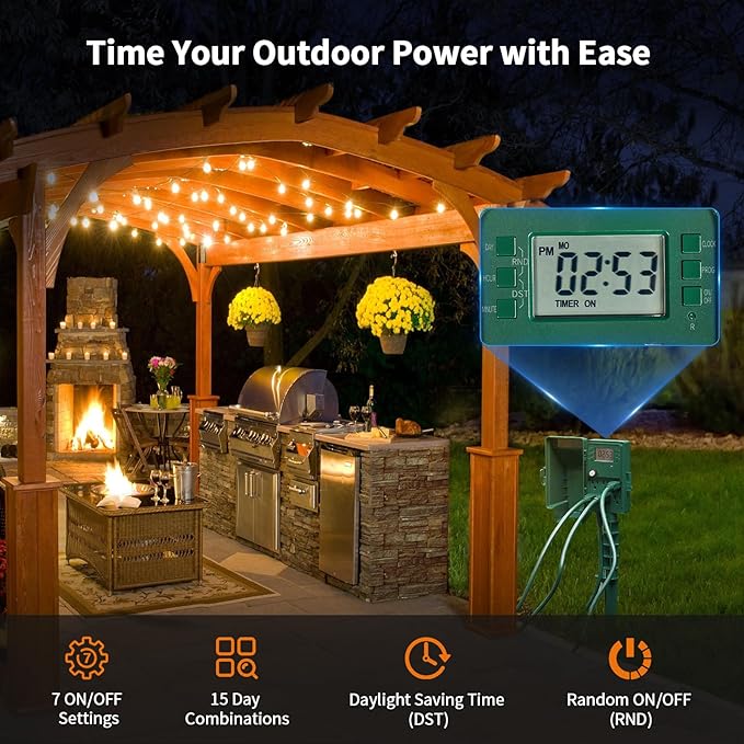 SURAIELEC Outdoor Power Stake, 7-Day Programmable Digital Timer, Power Strip Weatherproof, 6 Multi Plug Electrical Outlet Waterproof, 6 ft Extension Cord, for Outside Yard Light, Christmas Decorations