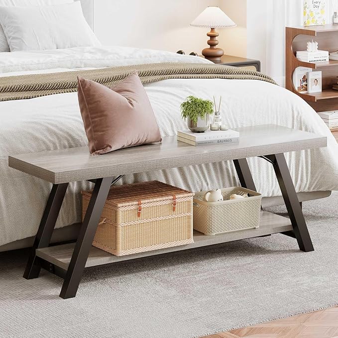 LVB Industrial Entryway Bench, Wood and Metal Storage Bench, Indoor Farmhouse Hallway Accent Entry Bench for Seating Sitting, Shoe Rack Organizer Cabinet in Foyer Bedroom, Light Grey Oak, 47 Inch Long