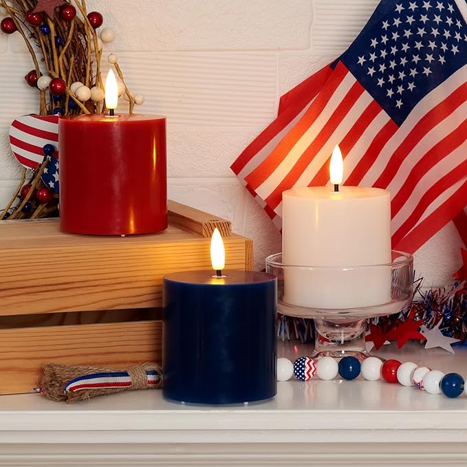 4th of July Candles, Patriotic Flameless Pillar Candles with Remote and Timer, Red White and Blue Battery Operated Set of 3, Real Wax LED Pillar Candles for Independence Day Celebrations
