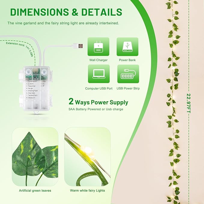 YOUNGAR Pothos Vines with Fairy Lights,Leaf String Warm White Lights Battery/USB Operated,23FT 73LED Fake for Bedroom Wall Room Wedding Birthday Garden Party Wall Room Decor