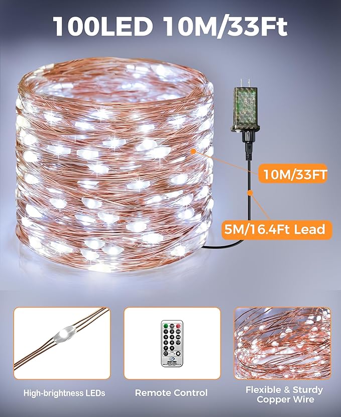 Plug-in Fairy Lights, 33 Ft 100 LED String Light with Remote, 8 Modes, Timer and Dimming Twinkle Lights for Indoor, Bedroom, Party, Decoration, Holiday, Cold White