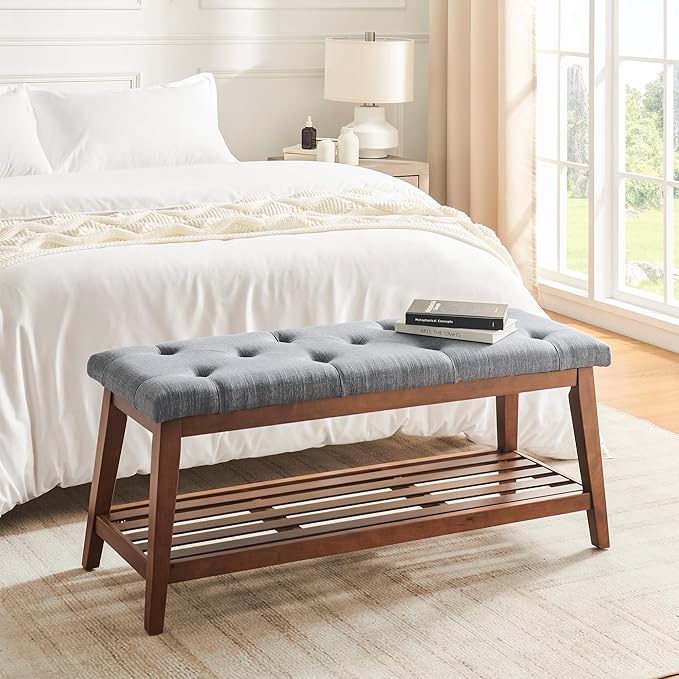 Upholstered Bench for Bedroom End of Bed,42.5-inch Entryway Bench for Living Room,Dining Bench with Padded Seat and Solid Wood Leg for Kitchen Bedroom,Indoor and Hallway (Shoe Bench, Grey)