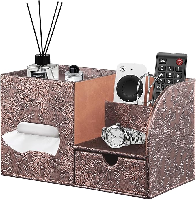 Fanousy Square Tissue Box Cover with Drawer Storage and Tray on Top, PU Leather Tissues Cube Boxes Holder, Modern Nightstand Organizer Caddy, Remote Control Holder for Bathroom, Bedside, Office, Home