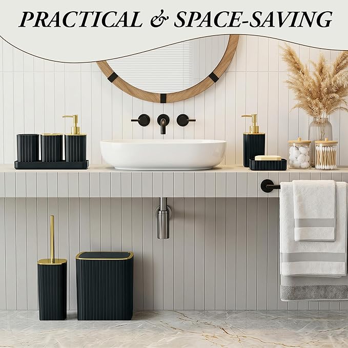 Bathroom Accessories Set-23Pcs Set, Complete Bathroom Decor, Bathroom Set with Shower Curtain & Liner Sets, Trash Can, Soap Dispenser,Modern Bath Essentials (Black, Bath Set+Shower Curtain&Liner Set)