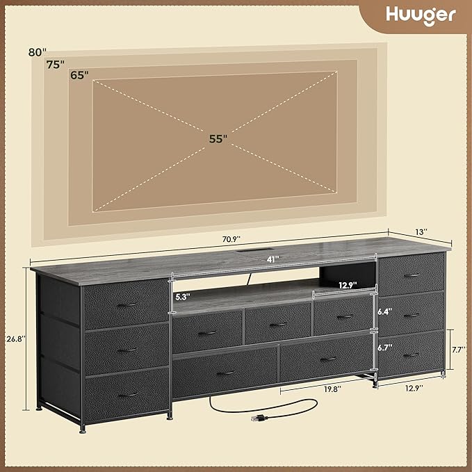 Huuger 70 Inch TV Stand for 75, 80 Inch TV, 11 Drawer Long Dresser with Power Outlets and LED Lights, Entertainment Center with Storage, Grey Dresser with PU Leather Surface, 1TS011H