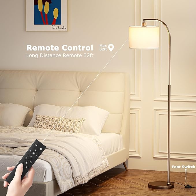 Ambimall Arc Floor Lamp with Remote and Stepless Dimmable Bulb, Colors Temperature & Brightness Adjustable, Floor Lamps for Living Room（White Shade & Brown Pole）