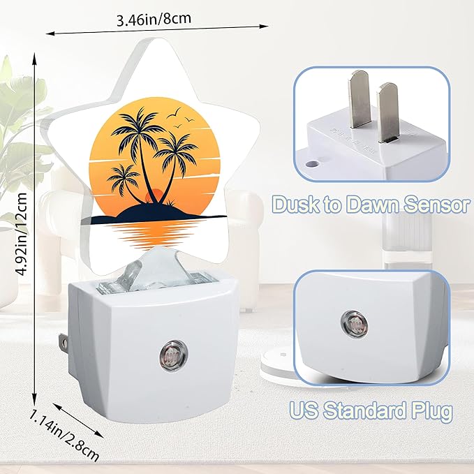 Tropical Palm Trees Night Lights Plug Into Wall,Beach Sunset Star Night Light for Kids,Nightlight with Dusk to Dawn Smart Sensor for Bedroom Bathroom Decor,Children Women Men Gift