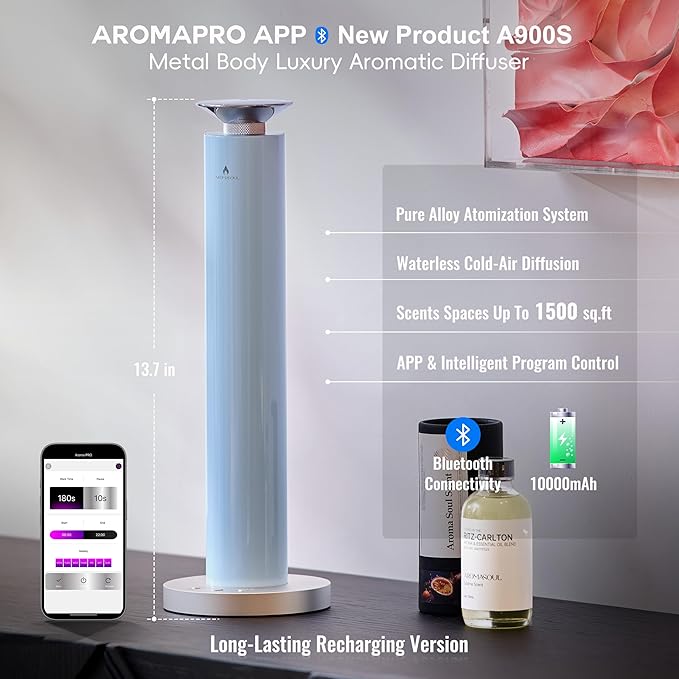Wireless Rechargeable Hotel Scent Diffuser Starter Kit - Alloy Atomization System,Waterless Oil Diffuser, 1500 Sq Ft Coverage, Including 120ml Essential Oil, for Home, Large Room, Spa, Pastel Blue