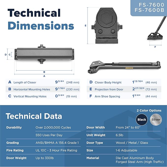 Commercial Door Closer Heavy Duty (Black) - Automatic Door Closer for Commercial Use - Grade 1 Auto Hydraulic Spring Hinge - FS-6300 UL & ADA ANSI A156.4 Grade 1 Door Closers Closure Soft Closing Arm