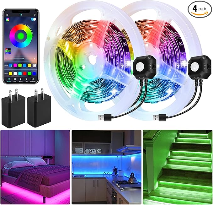 Motion Activated Under Bed Light Strips, 2x9.8ft RGB Motion Sensor LED Light Strip with App Control, USB 5V Dimmable LED Night Light with 4 Timing Off Modes for Bed Wardrobe Cabinet Staircase Decor