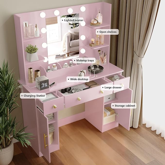 Makeup Vanity Desk with Mirror and Lights, 43" Pink Vanity Set with 3 Drawers, Power Outlet & Adjustable RGB LED Lights, Dressing Table with Storage Shelf for Women & Girls Bedroom