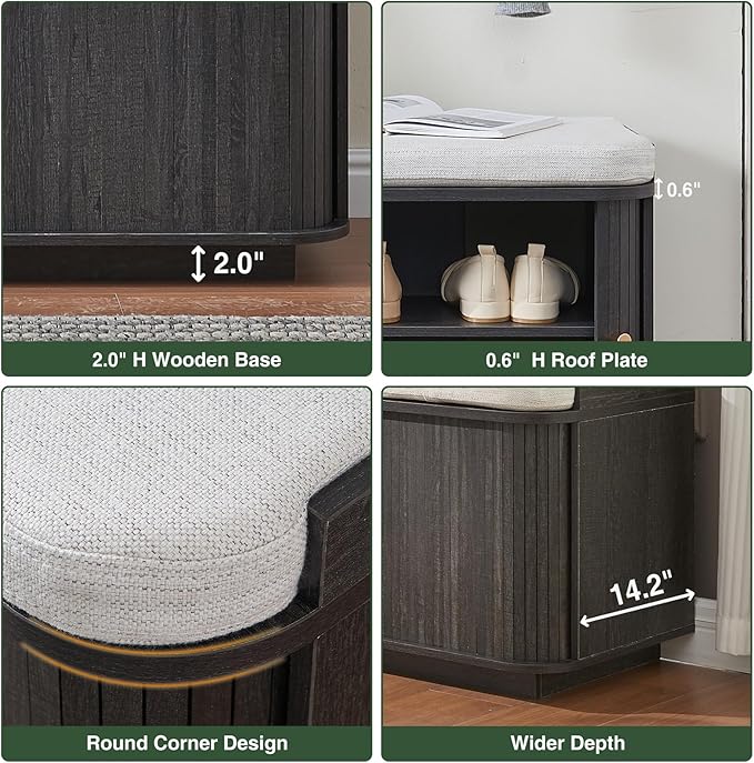Hall Tree with Bench and Shoe Storage, Entryway Bench with Sliding Door Cabinet, Removable Padded, Metal Wall Hooks and Adjustable Storage Compartments, for Entry, Hallway, Living Room, Dark Grey