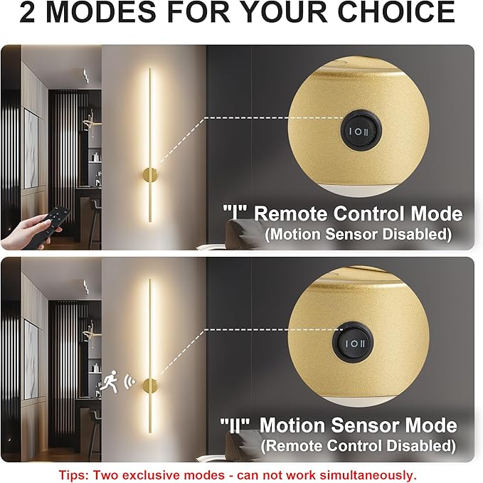 Motion Sensor Battery Operated Wall Sconce Set of Two - Modern Rechargeable Wireless Wall Lights with Remote Control, Dimmable, 3000K/4000K/6000K, Timer for Living Room, Hallway, Gold, 39.3 Inch