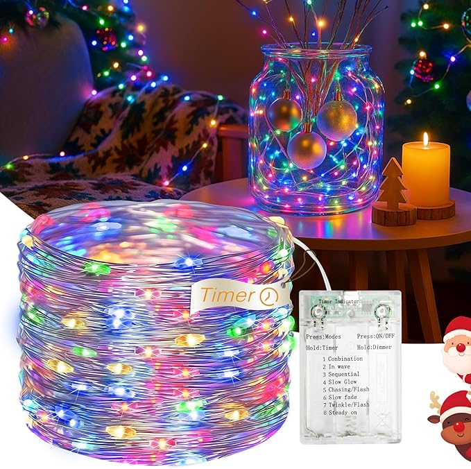 16FT 50 LED Fairy Lights Battery Operated with Timer, 8 Modes USB Mini Twinkle Light, Small String Lights for Christmas Tree Wreath Vase Bedroom DIY Party Decorations-Multi-Colored