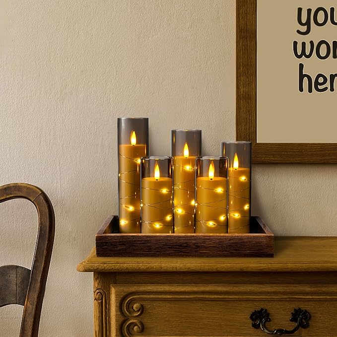 Da by Flameless Candle Light, Battery Candle with recessed String Light, 5 flameless Candles with 11-Key Remote Control, 24-Hour Timer Function, Dancing Flame, (no Battery)