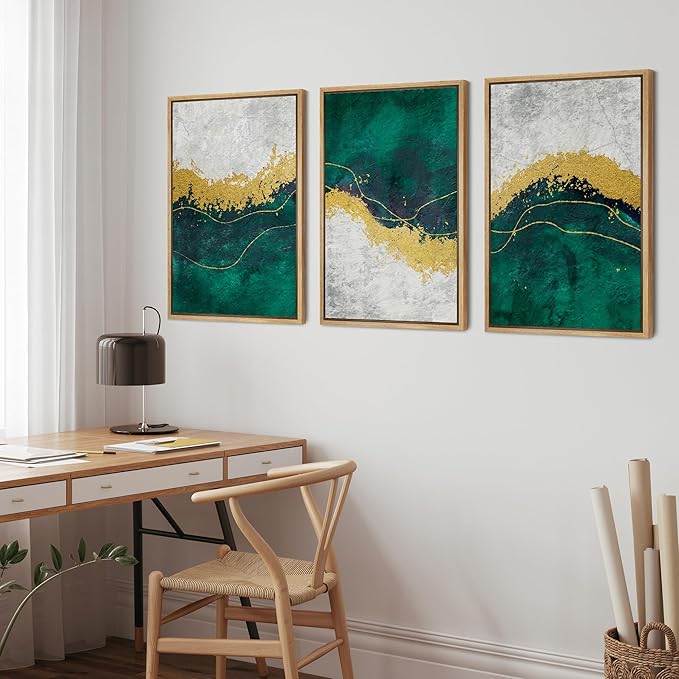 wall26 Framed Canvas Print Wall Art Set Geometric Gold Green Paint Strokes Abstract Shapes Illustrations Modern Art Decorative Multicolor Chic for Living Room, Bedroom, Office - 24"x36"x3 Natural