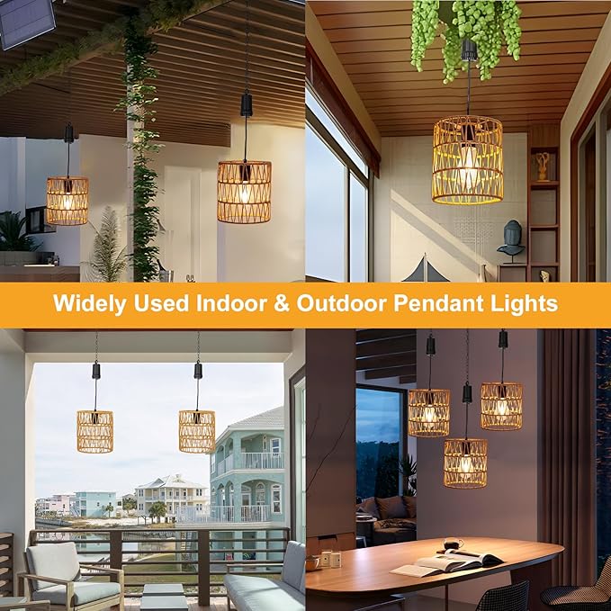 Livinlarge Battery Operated Chandelier,Hanging Rattan Pendant Lights with Timer,Gazebo Lights with Warm White Bulb,4*AA Battery Powered,for Pergola Porch Patio Outdoor Indoor Backyard Decor