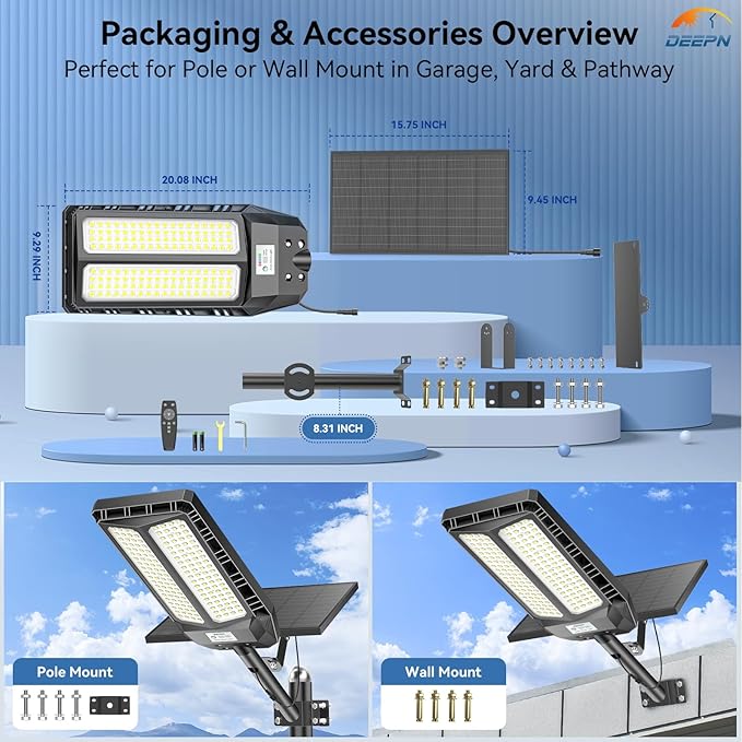 Deepn Solar Lights Outdoor, 8000W Solar Street Lights Outdoor Waterproof Dusk to Dawn LED Security Flood Light with Motion Sensor and Remote Control for Pathway, Entryway & Yard, 1 Pack