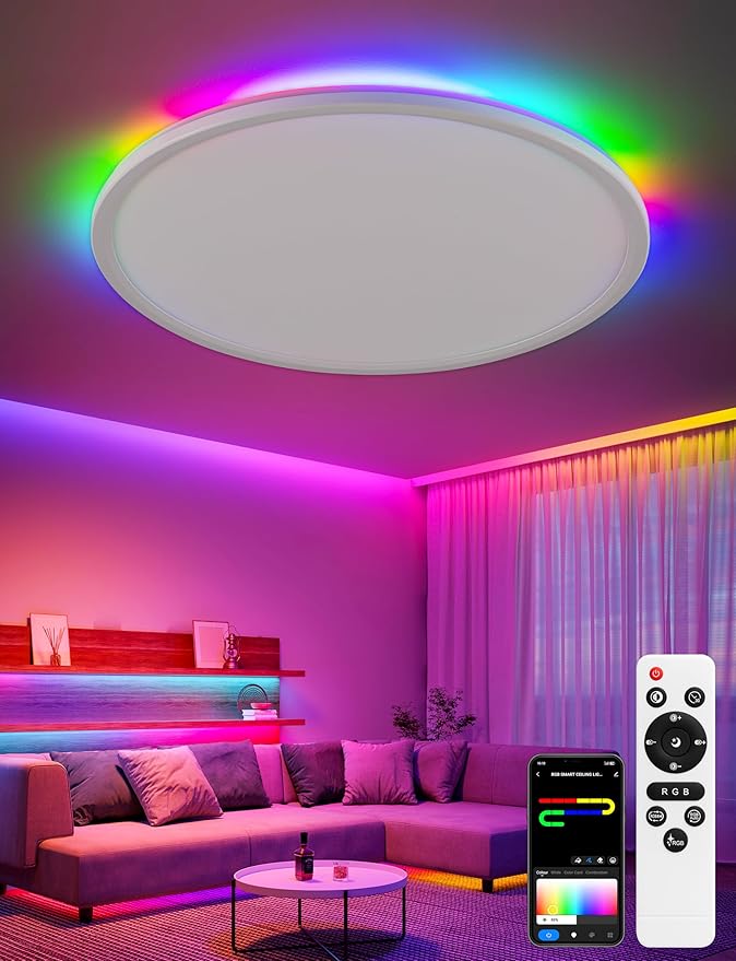 Smart Ceiling Light, RGB LED Flush Mount Ceiling Light with Remote，Ambient Lighting Fixture, 11 Inch 24W 2400LM 3000K-6500K, DIY Colors, Timer, White