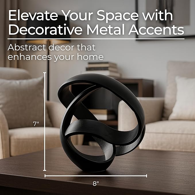 Metal Decorative Object – Minimalist Shelves & Coffee Table Decor – Aluminum Knot Sculpture Modern Home Decor for Office, Bedroom & Living Room – 8" x 7", Black
