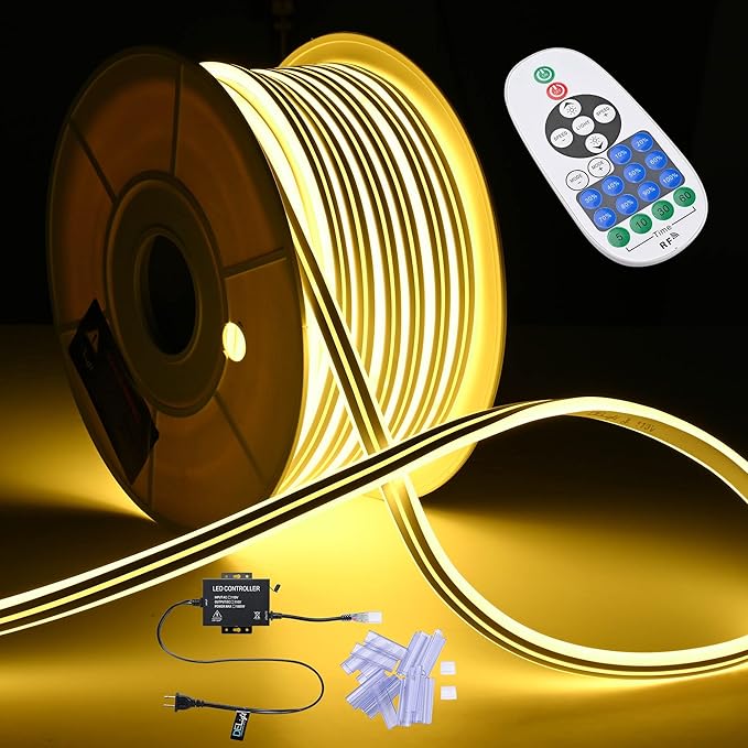 DELight AC 110-120V Waterproof IP65 Cozy 2700K Warm White 100ft Railing Neon Rope Lights with Remote Control Dimmable Cuttable Flexible LED Strip Lights Outdoor Patio Retro Vibe DEL-D100W