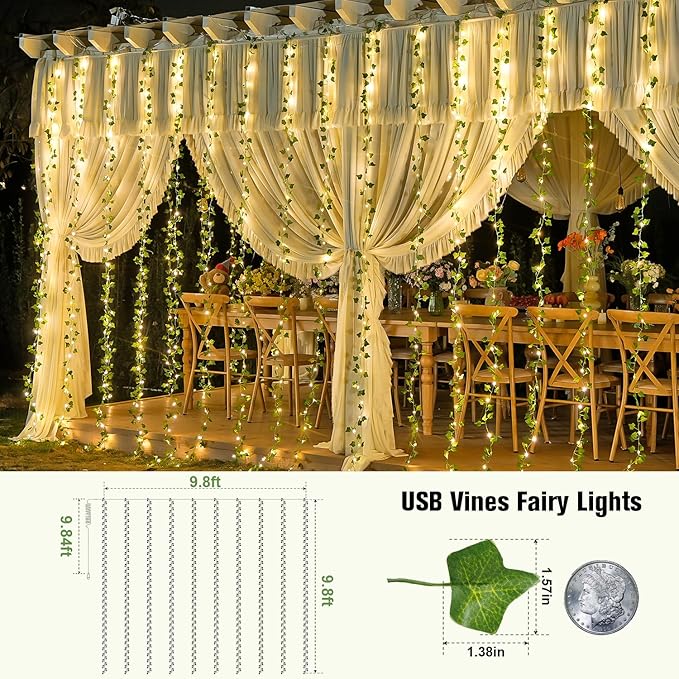 JMEXSUSS Vines Lights for Bedroom, 9.8ft x 9.8ft with Remote, 300 LED Fairy Lights with Vines, Artificial Ivy Curtain Light for Wall Dorm Wedding Indoor Decor